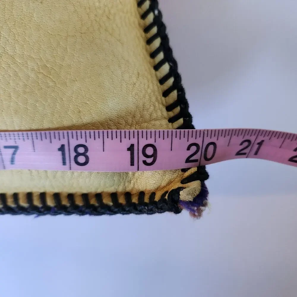 Vintage 70s Artisan Wool Leather Folk Art Tribal Boho Hand Stitched Pillow 20x15